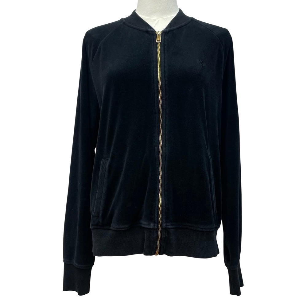 Lauren Ralph Lauren Black Cotton Velour Bomber Jacket L Women's LRL Old Money